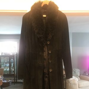 Banana Republic suede long coat with fur collar